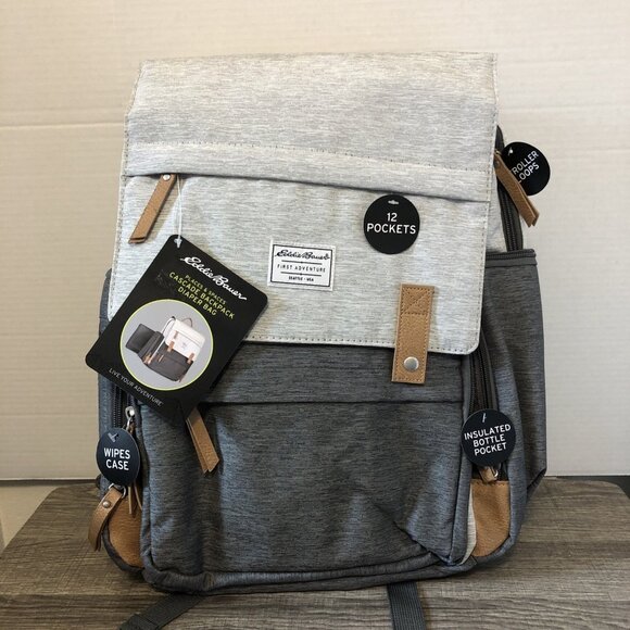 New Eddie Bauer Cascade Backpack Diaper Bag - Gray - 12 Pockets W/ Changing Pad - Picture 1 of 10